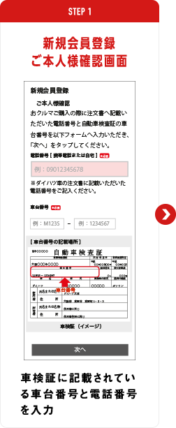 新規会員登録 ご本人様確認画面　車検証に記載されている車台番号と電話番号を入力