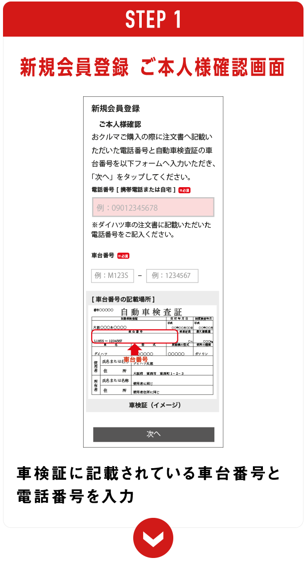 新規会員登録 ご本人様確認画面　車検証に記載されている車台番号と電話番号を入力